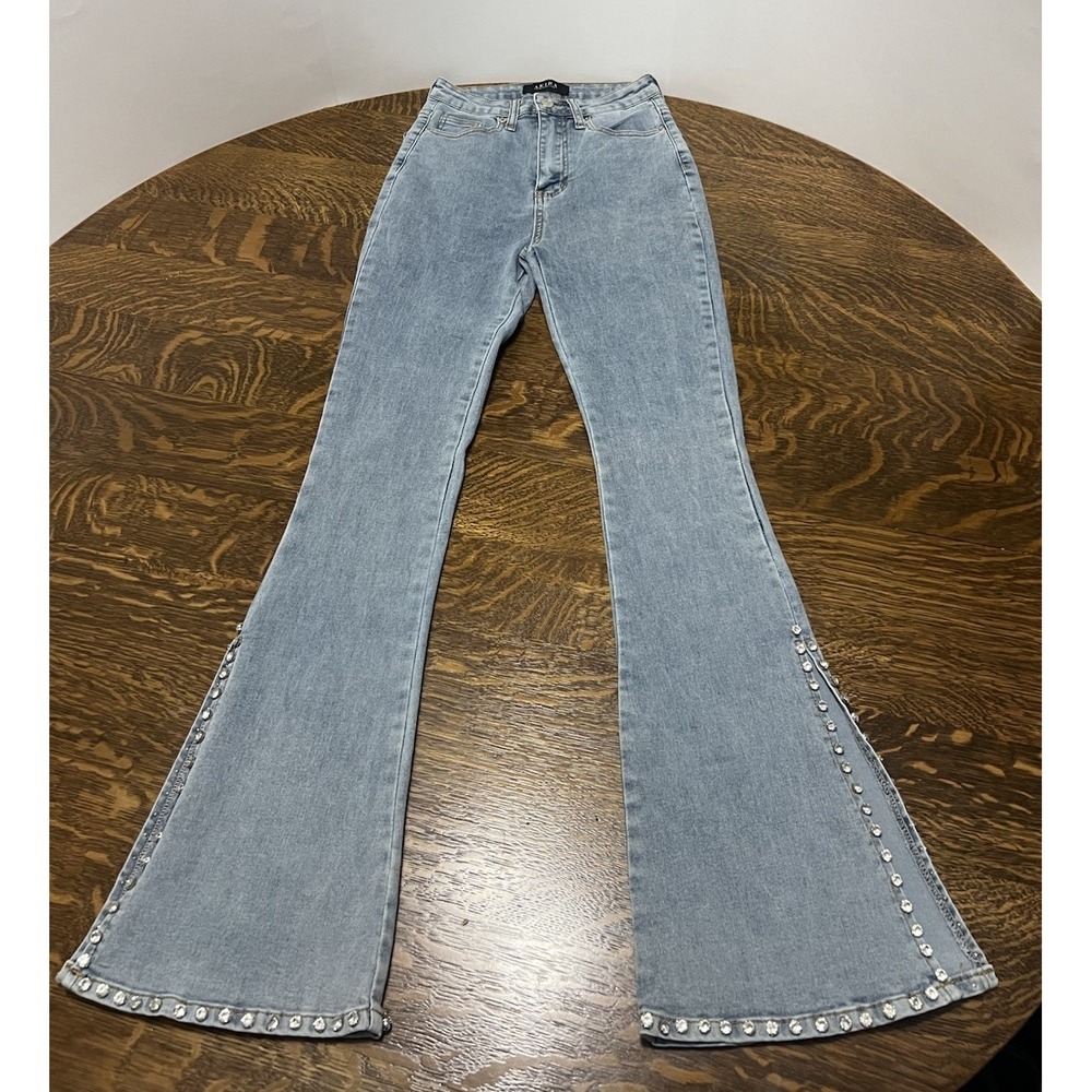 Akira Gracey Rhinestone Split Flare Jeans Womens 5 W26 High Waist Stretch